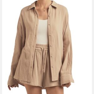 NWT Favorite Daughter Oversize Cotton Button-Up Shirt Beige
